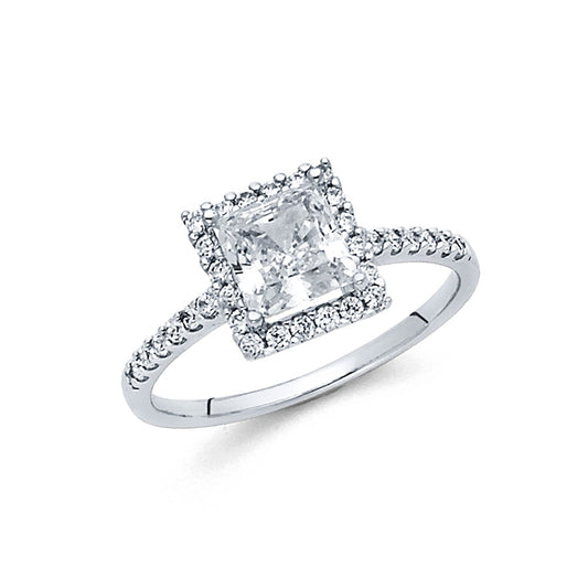 14K White Gold Women's Princess Cut Halo Cubic Zirconia Engagement Ring