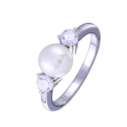 925 Sterling Silver Rhodium Plated Freshwater Pearl with Clear CZ Ring