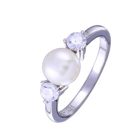 925 Sterling Silver Rhodium Plated Freshwater Pearl with Clear CZ Ring