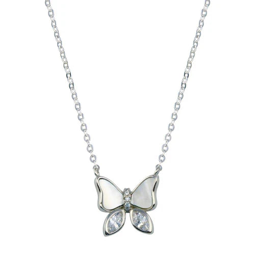 925 Sterling Silver Rhodium Plated Butterfly CZ Mother of Pearl Necklace