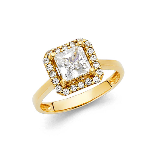 14K Yellow Gold Women's Princess Cut Halo Cubic Zirconia Engagement Ring