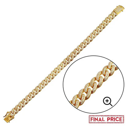 925 Sterling Silver Gold Plated 9.5mm Miami Curb CZ Chain and Bracelet