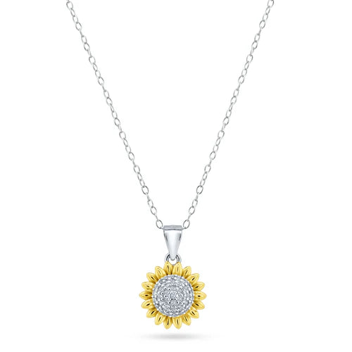 925 Sterling Silver Rhodium Plated 2 Tone Sunflower CZ Pendant with Chain