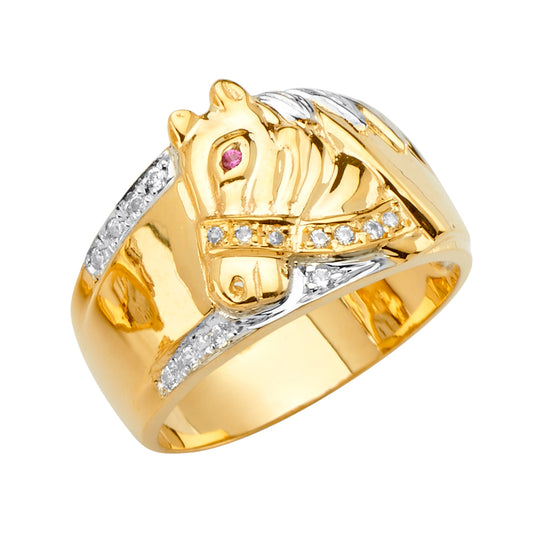 14K Men’s Horse Head CZ Ring with Synthetic Ruby Eye