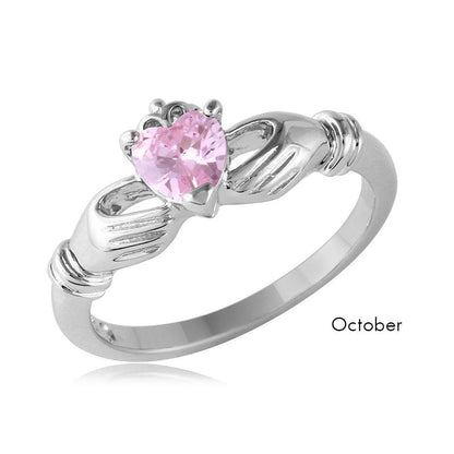 925 Sterling Silver October Rhodium Plated CZ Center Birthstone Claddagh Ring