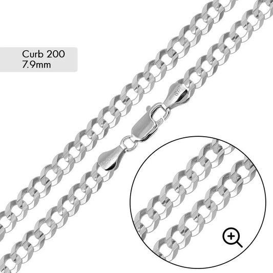 925 Sterling Silver Curb 200 Chain or Bracelet 7.9mm
