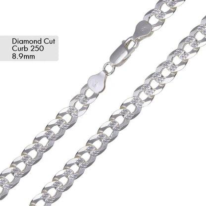 Silver Curb 250 1 Side Diamond Cut 1 Side Plain Chain or Bracelet 8.9mm
