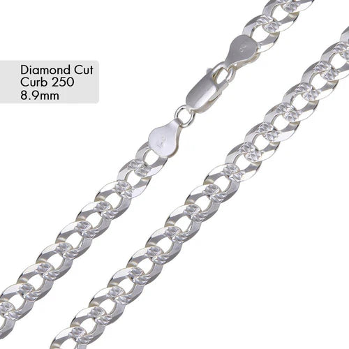 Silver Curb 250 1 Side Diamond Cut 1 Side Plain Chain or Bracelet 8.9mm