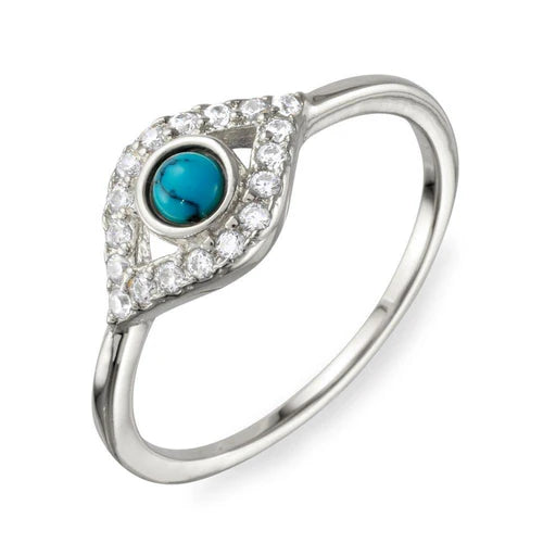 925 Sterling Silver Rhodium Plated  Evil Eye CZ Ring with Turquoise Bead - BGR01109RH