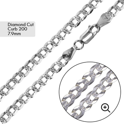 925 Sterling Silver Curb 200 1 Side Diamond Cut 1 Side Plain Chain or Bracelet 7.9mm