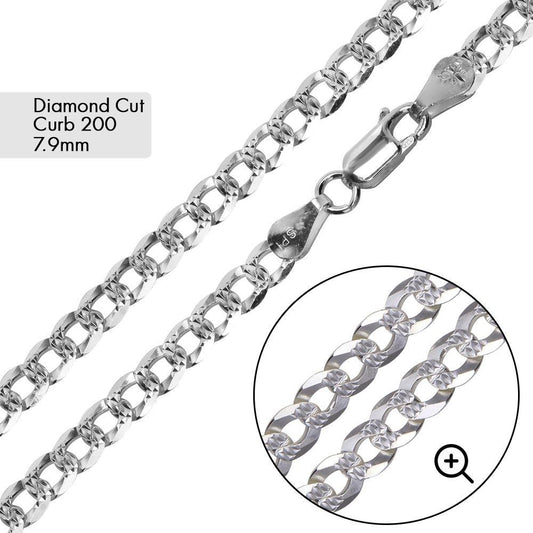 925 Sterling Silver Curb 200 1 Side Diamond Cut 1 Side Plain Chain or Bracelet 7.9mm