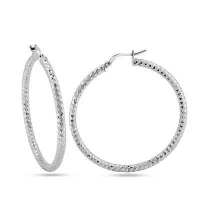 925 Sterling Silver Rhodium Plated 3mm Diamond Cut Textured Hoop Earrings
