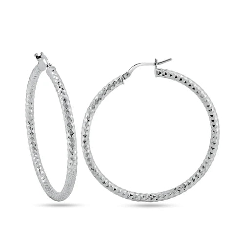 925 Sterling Silver Rhodium Plated 3mm Diamond Cut Textured Hoop Earrings