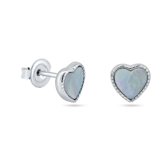 925 Sterling Silver Rhodium Plated MOP Heart Stud Earrings