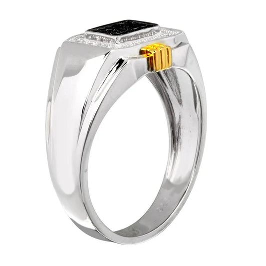 925 Sterling Silver Two-Tone Men's Rectangular Ring with CZ