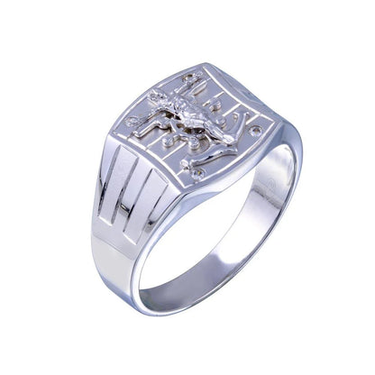 925 Sterling Silver Rhodium Plated Crucifix Anchor CZ Hip Hop Ring