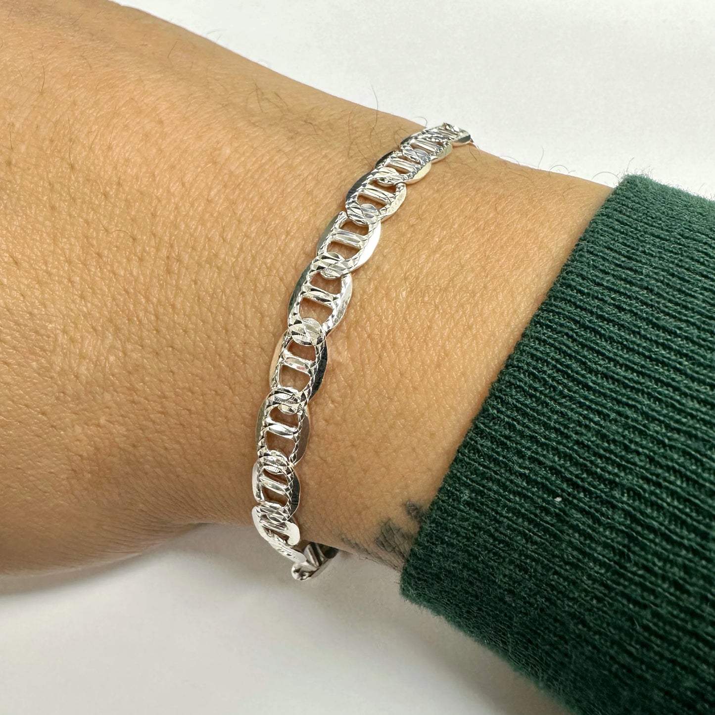 925 Sterling Silver Flat Marina 1 Sided 180 Diamond Cut 7.5mm Chain or Bracelet