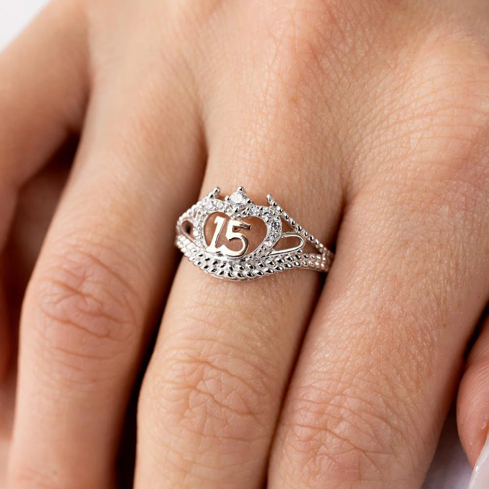 925 Sterling Silver Rhodium Plated CZ Quinceanera Flower 2 Toned CZ Ring