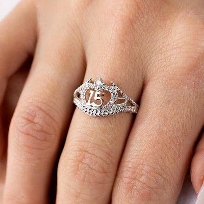 925 Sterling Silver Rhodium Plated CZ Quinceanera Flower 2 Toned CZ Ring