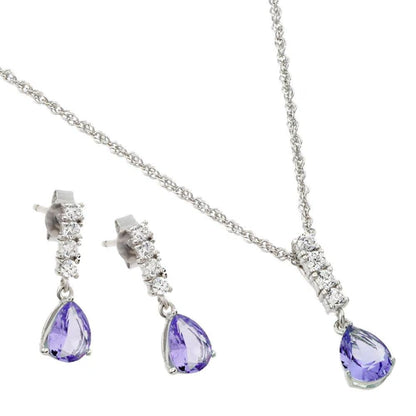 925 Sterling Silver Rhodium Plated Teardrop CZ Dangling Matching Set