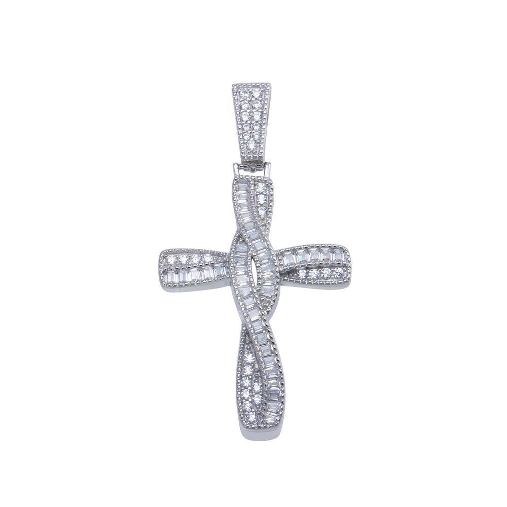 925 Sterling Silver Rhodium Plated Twisted Cross Baguette CZ Hip Hop Pendant