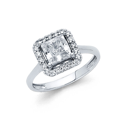 14K White Gold Women's Princess Cut Halo Cubic Zirconia Engagement Ring