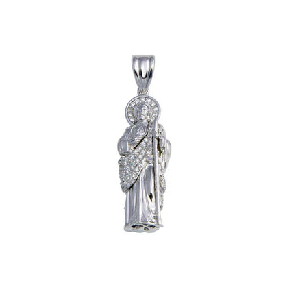 925 Sterling Silver Rhodium Plated Clear CZ St Jude Pendant 30mm