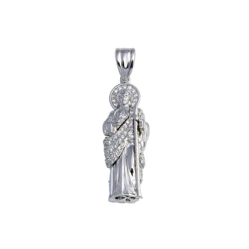 925 Sterling Silver Rhodium Plated Clear CZ St Jude Pendant 30mm
