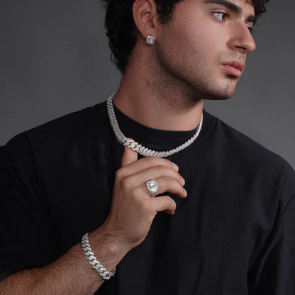 925 Sterling Silver  Rhodium Plated CZ Encrusted Miami Cuban Link 13mm Chain or Bracelet
