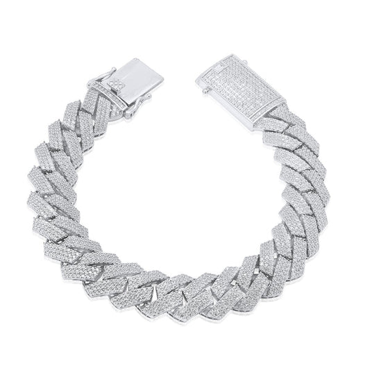 925 Sterling Silver  Rhodium Plated CZ Encrusted Miami Cuban Link 13mm Chain or Bracelet