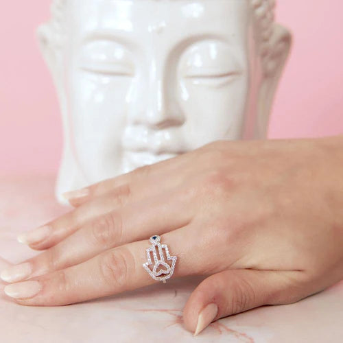 925 Sterling Silver Rhodium Plated Heart Hamsa and Evil Eye with CZ