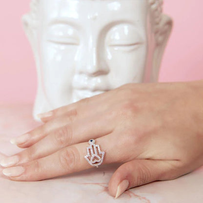 925 Sterling Silver Rhodium Plated Heart Hamsa and Evil Eye with CZ