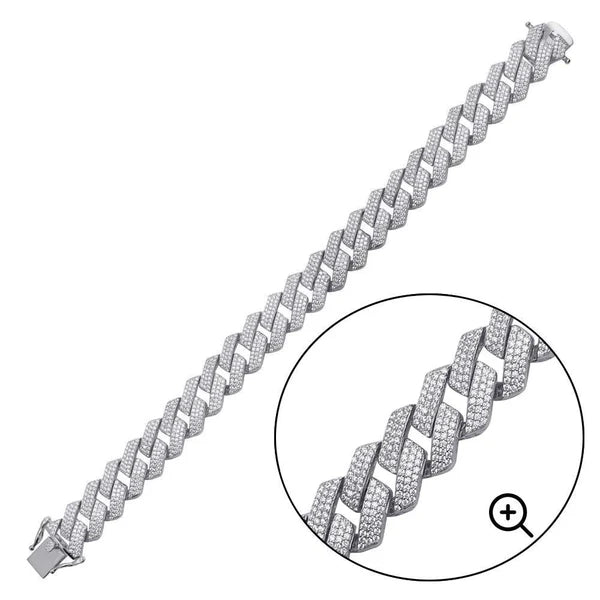 925 Sterling Silver  Rhodium Plated CZ Encrusted Miami Cuban Link 13mm Chain or Bracelet