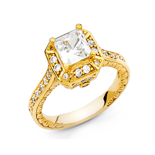 14K Yellow Gold Women's Princess Cut Halo Cubic Zirconia Engagement Ring