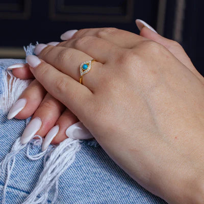 925 Sterling Silver Gold Plated Evil Eye CZ Ring with Turquoise Bead