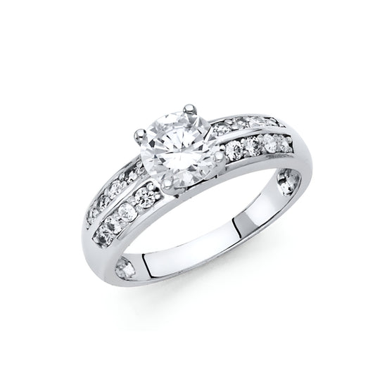 2 ct Round-Cut Prong-Set & 2 Row Pave side stones Cubic Zirconia Engagement Ring  in 14K White Gold