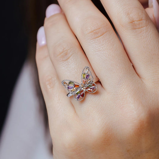 925 Sterling Silver Rhodium Plated Multi Color Baguette CZ Butterfly Ring