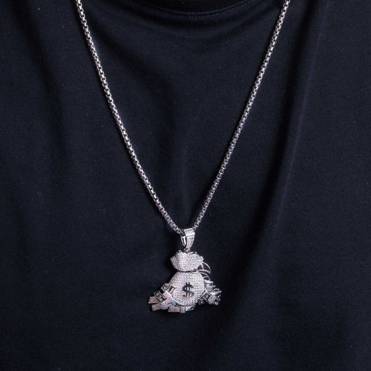 925 Sterling Silver Rhodium Plated CZ Cash Bag Pendant