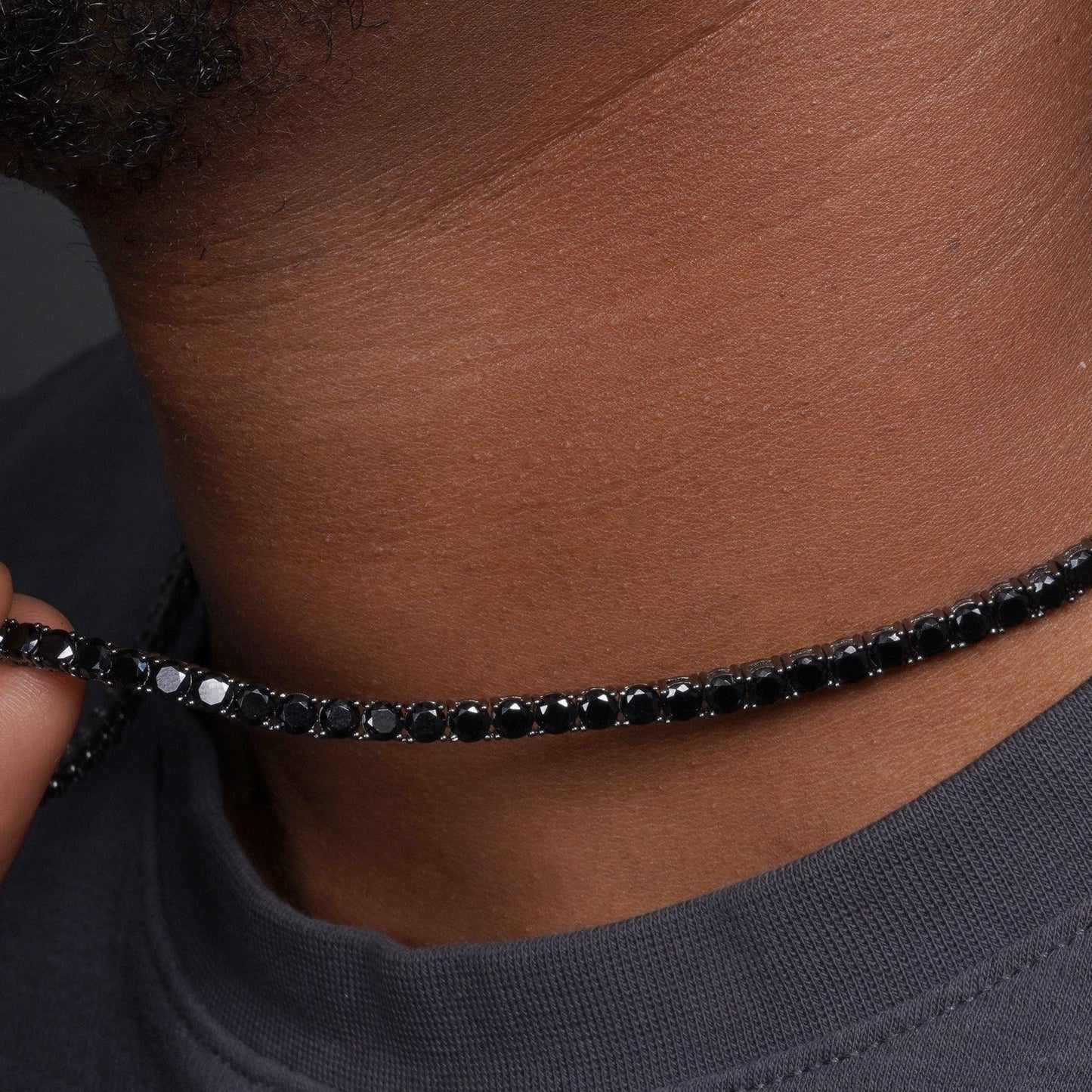 925 Sterling Silver Blk Rhodium Plated Round Blk CZ Tennis Necklace 3mm
