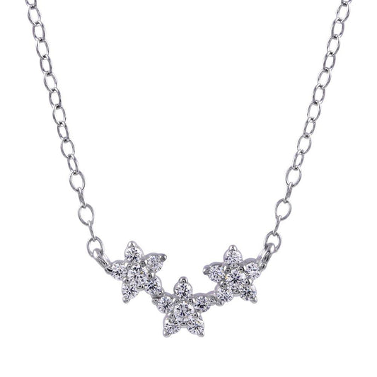 925 Sterling Silver Rhodium Plated CZ Triple Flower Necklace