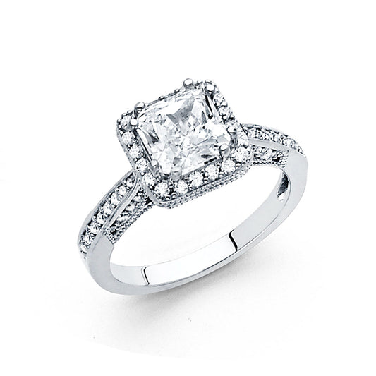 14K White Gold Women's Princess Cut Halo Split Shank Cubic Zirconia Engagement Ring