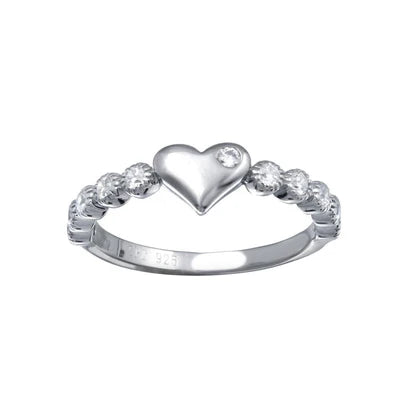 925 Sterling Silver Rhodium Plated CZ Heart Bubble Shank Ring