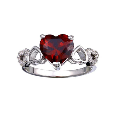 925 Sterling Silver Rhodium Plated  Heart Red and Clear CZ W- Heart Shank Ring