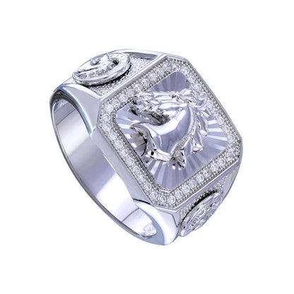 925 Sterling Silver Rhodium Plated Men's Stallion Statement CZ Ring