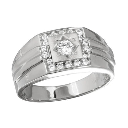 925 Sterling Silver Rhodium Plated Men's Square Ring with CZ