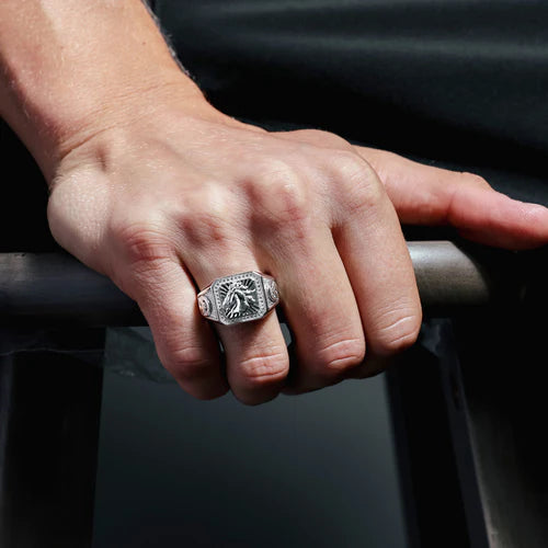 925 Sterling Silver Rhodium Plated Men's Stallion Statement CZ Ring