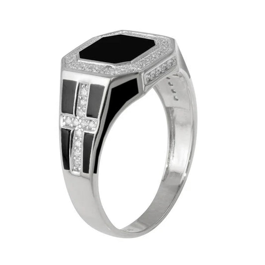 925 Sterling Silver Rhodium Square Cross Ring with CZ