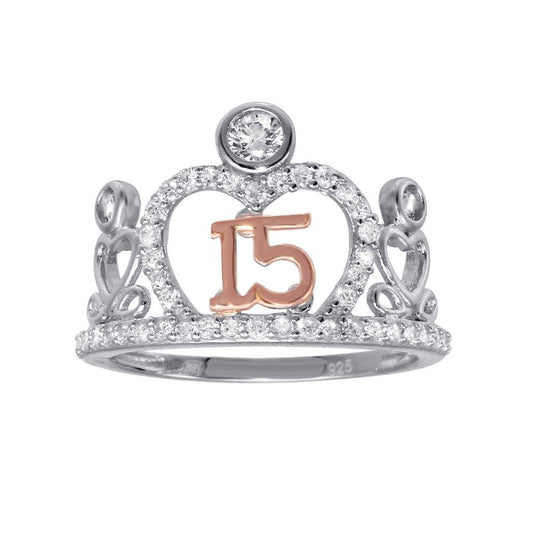 925 Sterling Silver Two-Tone Silver CZ Quinceanera Tiara Ring