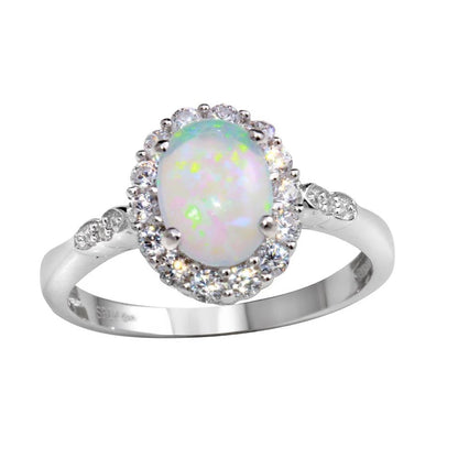 925 Sterling Silver Rhodium Plated Round Synthetic Opal Ring