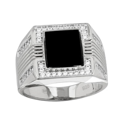 925 Sterling Silver Rhodium Plated Men's Square Flat Onyx Ring with CZ